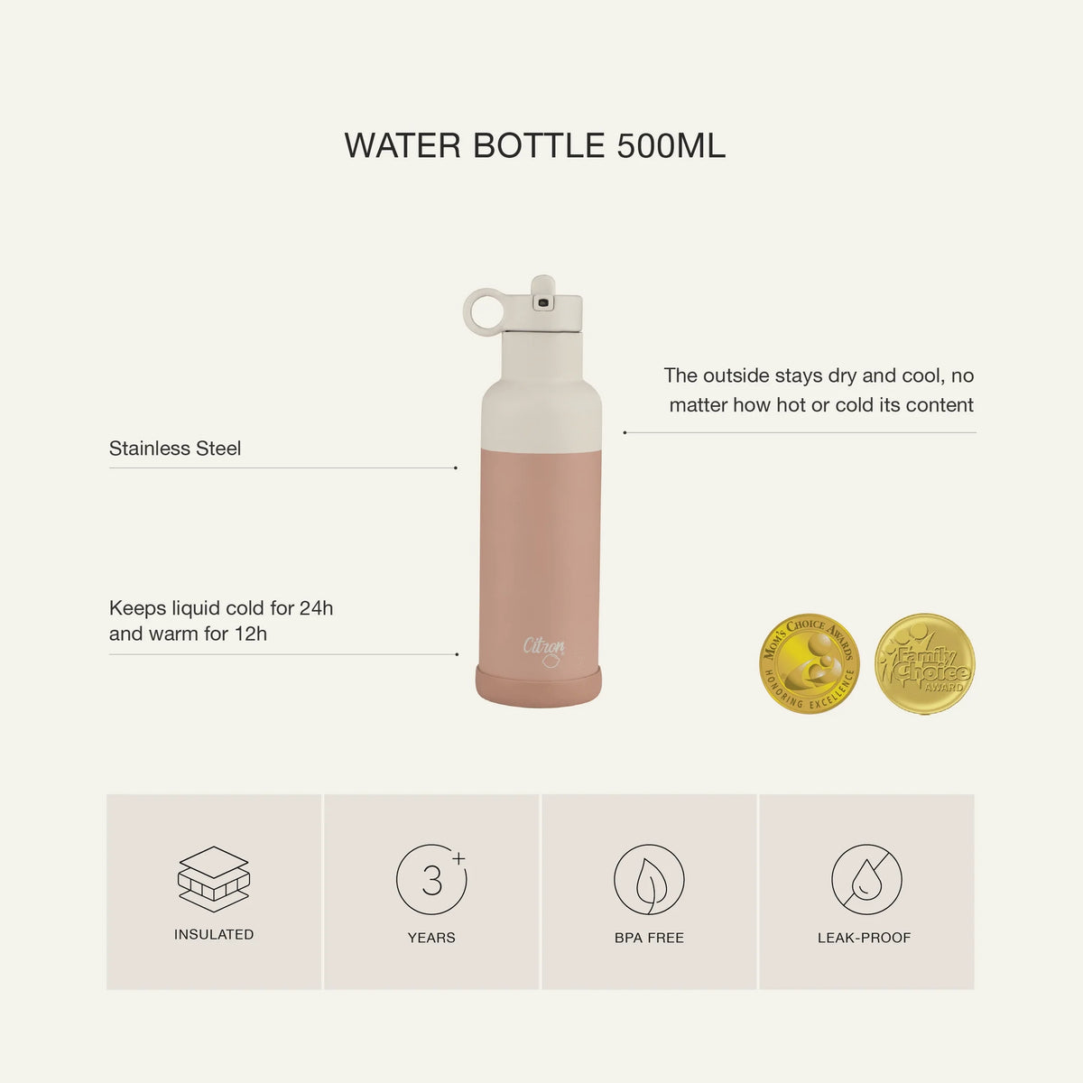 Citron Medium Water Bottle 500ml Brown