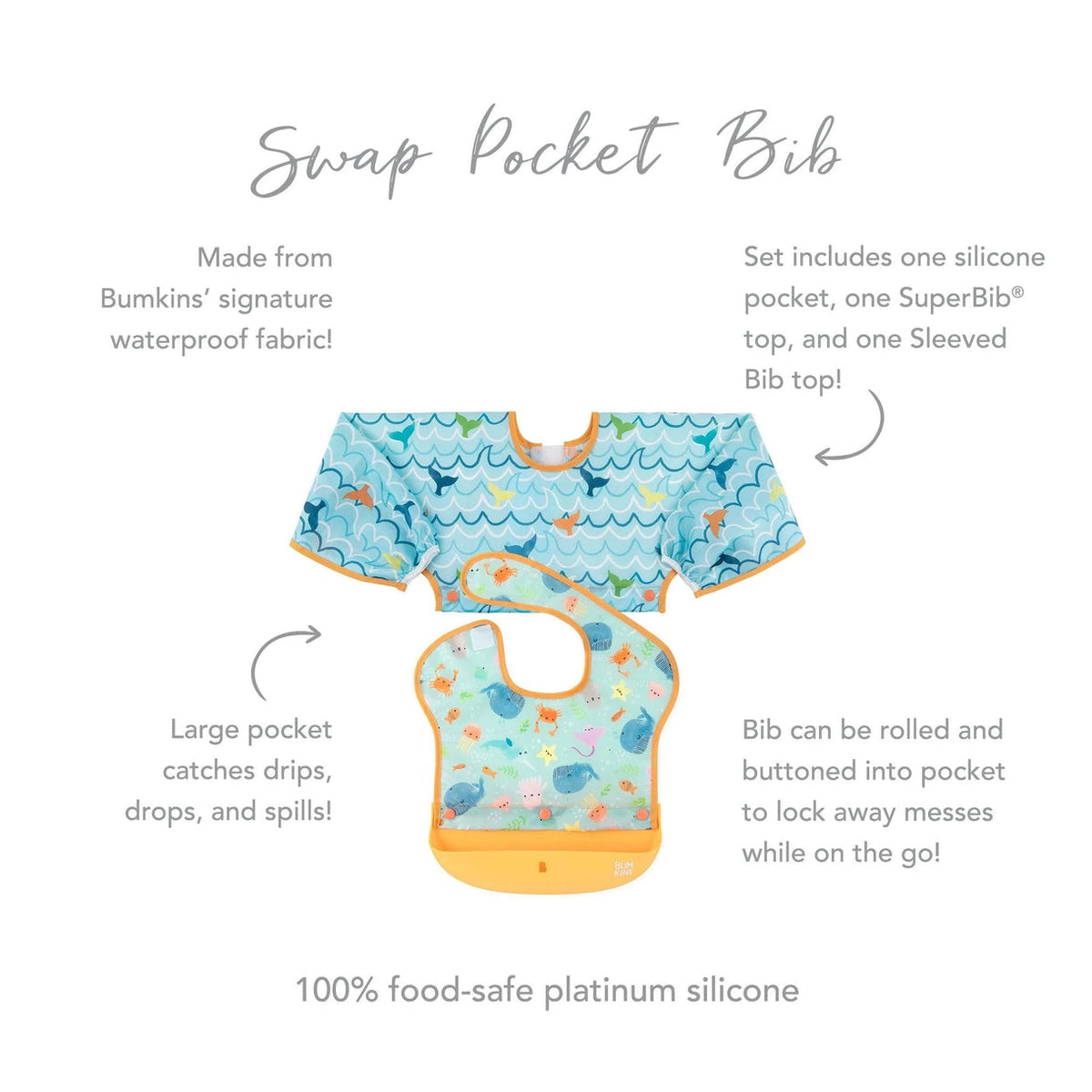 Bumkins Swap Pocket Bib - Ocean Life + Whale Tail