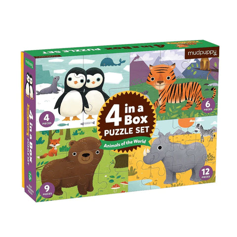 Mudpuppy 4-In-A-Box Progressive Puzzle - Animals of The World