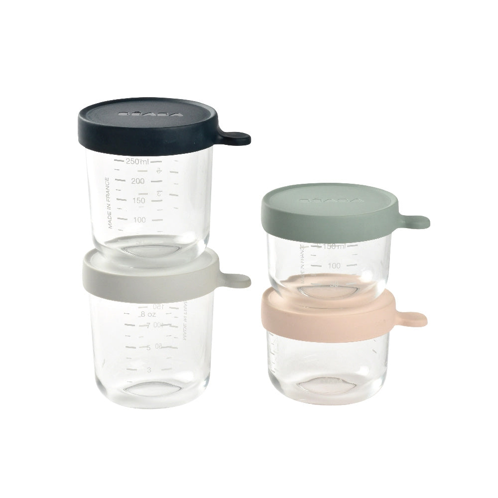 Beaba Glass Jars Set 4 Pink/Eucalyptus Green/Light Mist/Dark Blue