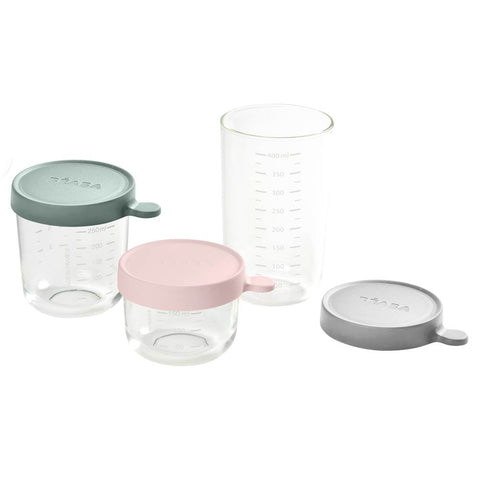 Beaba Glass Jars Set 3 Pink-Eu Green-Light Grey